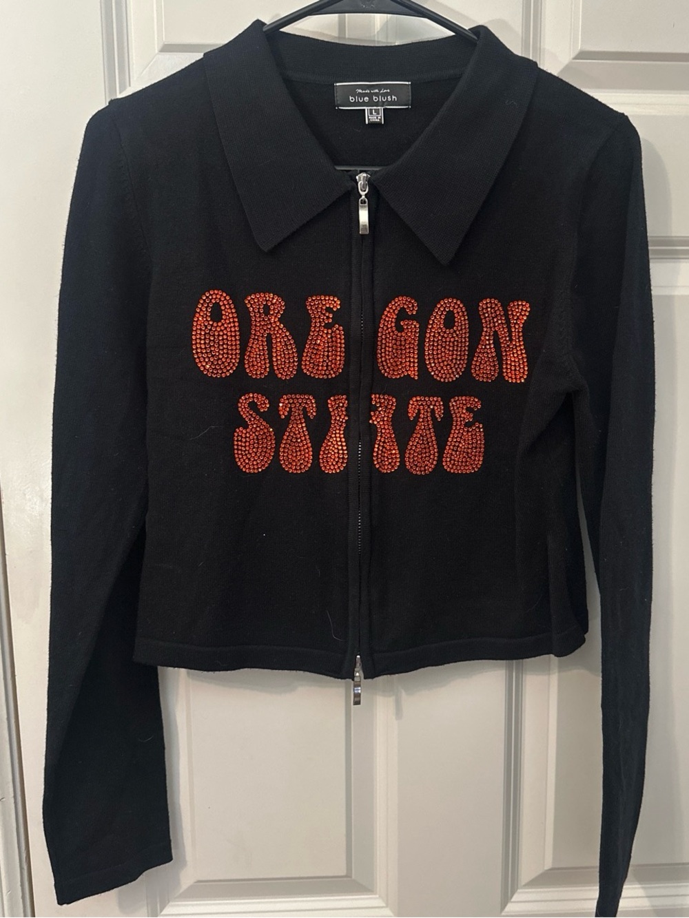 Blue Blush Custom Made Black Zip-Front Jacket w/ Orange Rhinstones OREGON STATE